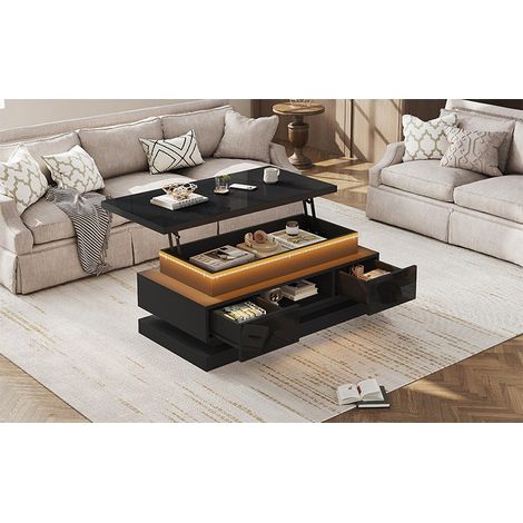 Chingnimon Höhenverstellbarer Lift-Couchtisch 100x50x40 cm, 2 Schubladen, LED, glänzende Oberfläche, versteckter Stauraum, schwarz (1/5)