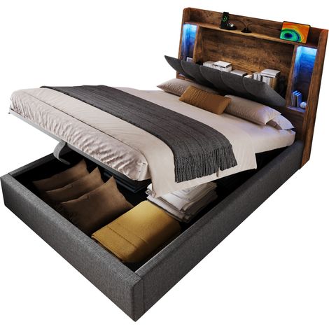 Lit coffre 90x200 cm,Lit rembourré avec charge USB-C + Éclairage LED+ grand espace rangement - lin - gris (1/5)