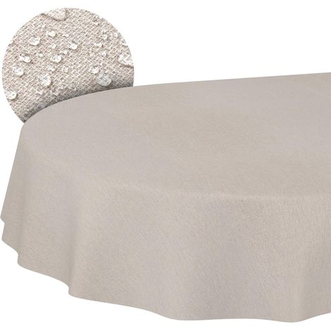 Mantel ovalado de algodón/poliéster de 180x140 cm, jacquard damasco liso beige/gris, borde cortado lavable (1/5)