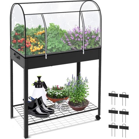 Carré Potager sur Pieds Amovible avec Bâche en PVC Roues Intégrés Mini Serre 6 Compartiments avec Espace de Rangement d’Outils et 6 Etiquettes de Plantes 80.5x130x43cm (1/5)