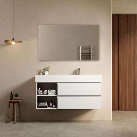 Mobile bagno sospeso 120 cm Bianco Lavabo a Destra in Resina Specchio Quadro Retroilluminato - Fiji Paint Plus (1/4)