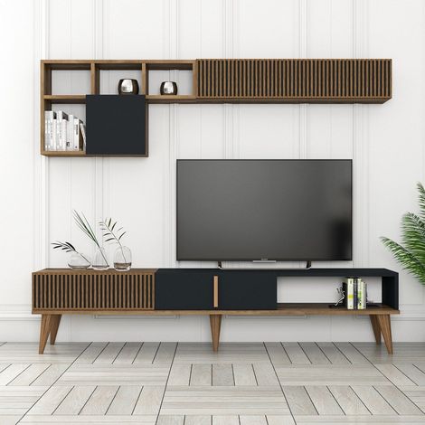 Ensemble meuble Tv et étagère murale design Ribera Chêne foncé et Anthracite (1/5)