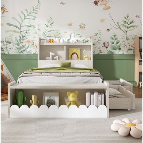 Bett Einzelbett Stauraum 90x190 Holz Weiß Eiche OKMYHOME (1/5)