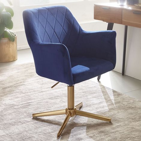 Chaise de bureau 55x55x80/97 cm en velours bleu foncé et métal doré (1/5)
