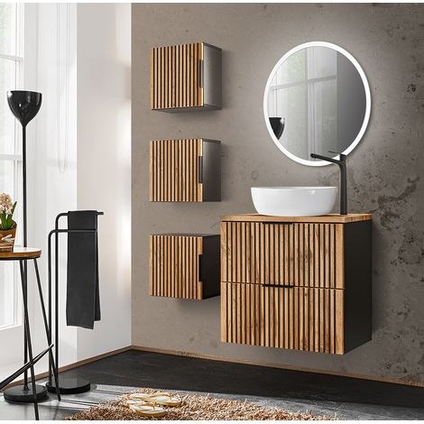 Badezimmer Set mit Waschtisch 60 cm 3 Hängeschränke XANTEN-56 in anthrazit mit Eiche Nb. schwarze Rillen, B/H/T: 110/200/46,5 cm (1/5)