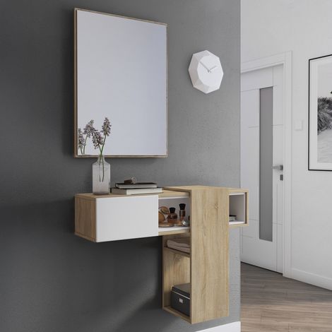 Dmora Mueble de entrada con espejo, entrada para recibidor con cajón y estantes, Vaciador de bolsillo para apartamentos pequeños, 100x27h75 cm, color Blanco y Roble, con embalaje reforzado (1/4)