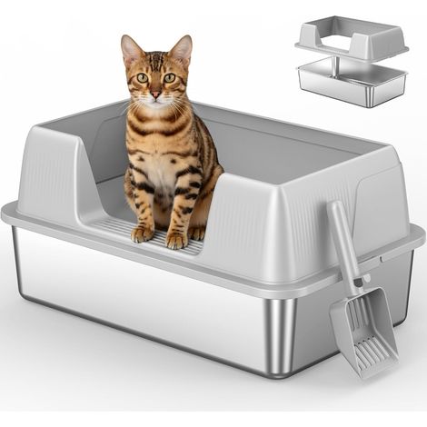 Stainless Steel Litter Tray XL Open - High Edges, Easy to Clean, Light Grey (1/5)