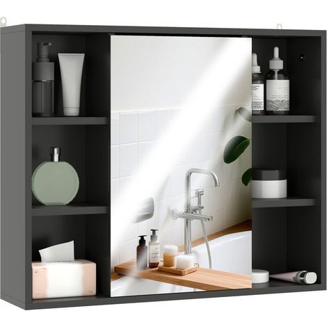 Meuble salle de bain avec miroir, placard à portes et 6 compartiments ouverts, 60 x 14,5 x 49,4 cm, noir (1/5)