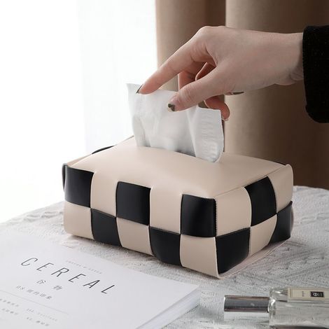 Kreative Aufbewahrungsbox aus gewebtem Leder, moderner Luxusstil, schwarz-weiß kariertes Muster, für Auto und Wohnzimmer, elegante Dekobox (1/5)