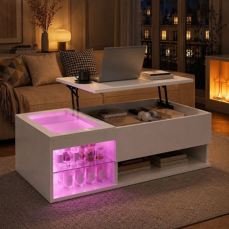 Plcnn - Table Basse Relevable - 100×55×35cm - Table Basse avec Rangement et Éclairage LED - Compartiment Vitrée - Haute Brillance Moderne - Blanc (1/5)