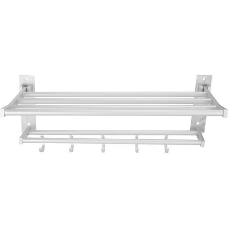 40 cm große, klappbare Duschablage aus Aluminium, silberner Handtuch- und Kleiderständer mit 5 Haken für das Badezimmer (1/5)