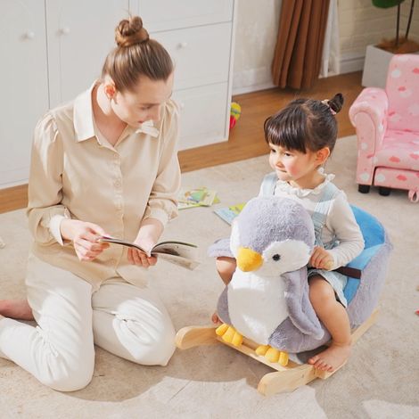 Berçage pour enfants à partir de 18 mois  Cheval à bascule en forme de pingouin en peluche avec 32 Musique et ceinture de sécurité
