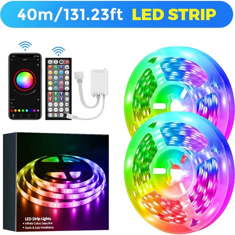 (40m) Bande lumineuse LED RGB à changement de couleur, avec télécommande à 44 touches et contrôle par application, synchronisation musicale. (1/5)