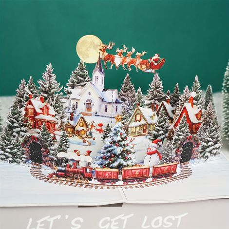 Carte de Noël pop-up 3D - Scène de la Nuit avant Noël avec Père Noël, rennes, village enneigé et ciel lunaire - Carte de vœux festive pour amis et famille (1/5)