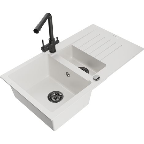 Mexen Matias lavello in granito 1,5 vasche con sgocciolatoio e miscelatore da cucina Duero, bianco - 6502-20-671600-70 (1/5)