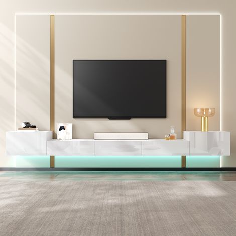Modernluxe - Meuble TV mural 245 x 30 x 26 cm - 5 portes - Éclairage LED - Finition brillante - MDF - Blanc (1/5)