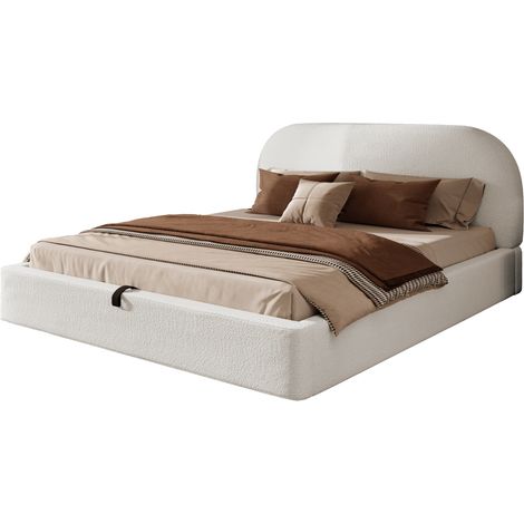 CHICFURN Cama doble 160 x 200 cm tapizada en tela bouclé beige, canapé abatible hidráulico con gran almacenaje, cabecero acolchado y somier incluido para dormitorio (1/5)
