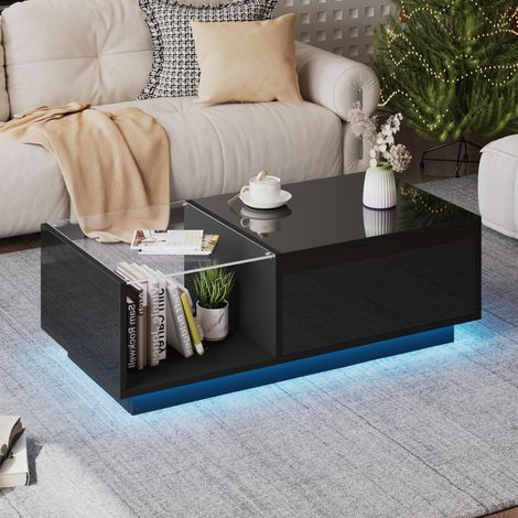 Table basse réglable hauteur 50x100x33-46.5cm avec rangement caché, étagère et éclairage LED, design brillant pour salon multifonctionnel et moderne (1/5)