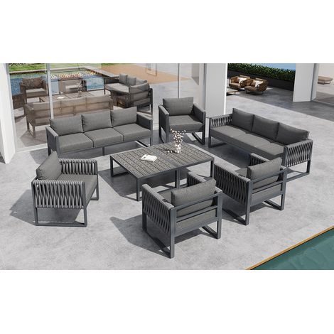 Set di mobili da giardino grigio da 5 posti con tavolo, struttura in metallo e corda robusta, cuscini rimovibili (1/5)