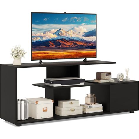 COSTWAY Mobile Porta TV, per TV Fino a 55'', Console Media a 3 Ripiani Asimmetrici con Ripiani di Stoccaggio e Armadietto, Mobile TV con Cassetto, 5 Gambe di Supporto (Nero) (1/5)