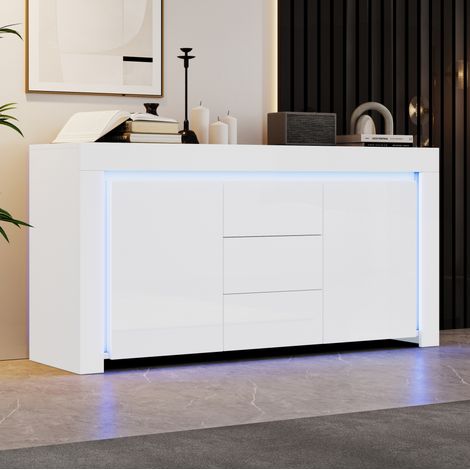 Aparador 140 x 40 x 65 cm con 3 cajones, 2 puertas, LED y acabado lacado blanco HAVRYA (1/5)