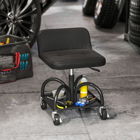 Tabouret d'atelier sur roulettes, espace de rangement, support lombaire, hauteur 58,5 cm, tabouret à roulettes, capacité de charge 135 kg, tabouret de travail, noir