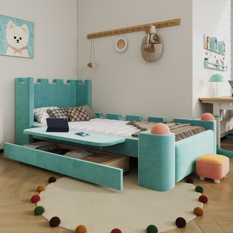 Lit Enfant 90x200 cm Bleu-Vert, Lit Château Rembourré avec Tiroir de Rangement, Tablette Rabattable, Structure Réversible (1/5)