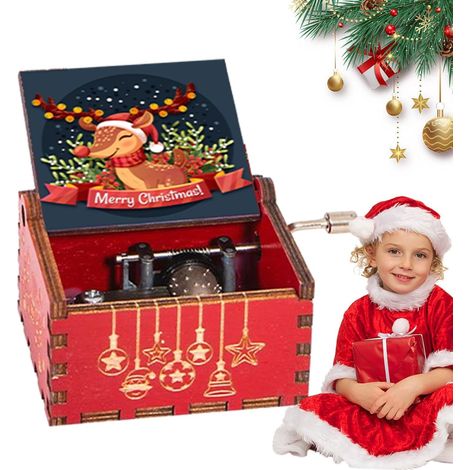 Boîte à Musique à manivelle de Noël – Boîte à Musique Classique en bois sculpté à la main, gravée, choix parfait pour Noël, anniversaire, Halloween (1/5)
