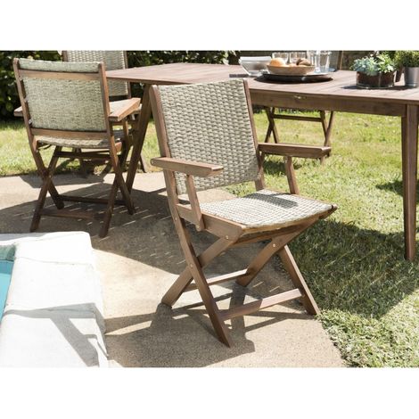 VICK - Ensemble de 2 fauteuils de jardin pliants bois Acacia et rotin (1/5)