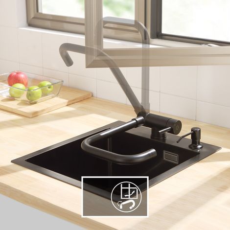 Cecipa Robinet de Cuisine Rabattable - Mitigeur d'évier Pliable comme Sous Fenêtre avec 2 Modes de Pulvérisation Réglables - Noir (1/4)