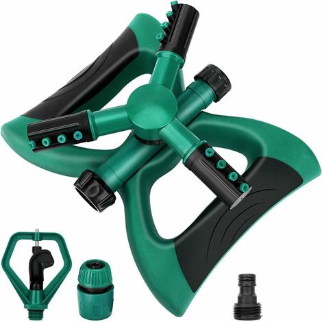 Aspersor automático giratorio de 360° para jardín, sistema de riego para césped de gran superficie con diseño a prueba de fugas, cabezal de pulverización robusto de 3 brazos y fácil conexión. (1/5)