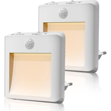 Lot de 2 veilleuses LED avec détecteur de mouvement – Luminosité réglable 0-100% – Blanc chaud/froid – Plug and play pour chambre bébé, cuisine, couloir (1/5)