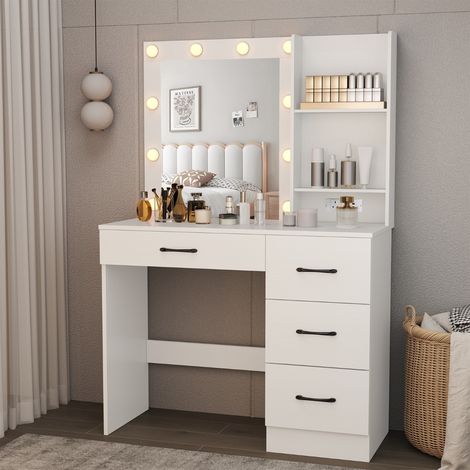 Table de Maquillage avec Miroir et Lumières Coiffeuse avec Station de Charge Lumières LED 3 Couleurs Porte-Sèche-Cheveux Blanc (1/2)