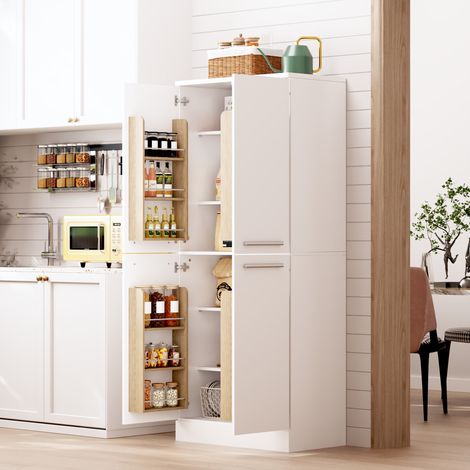 Armoire de cuisine 76x42x180 cm 4 portes, placard de rangement MDF décor chêne avec étagères réglables, blanc