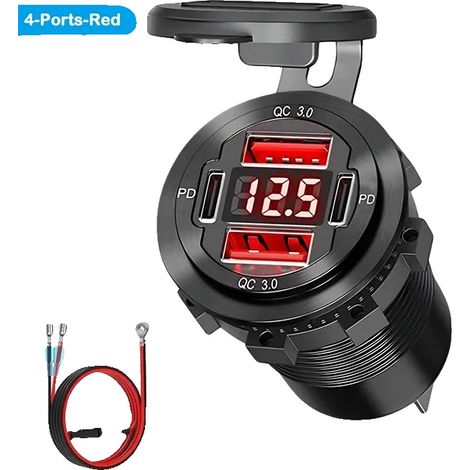 USB-Ladeanschluss, 4 Anschlüsse, Dual PD & QC3.0, 10AFuse-Draht-Rot (1/2)
