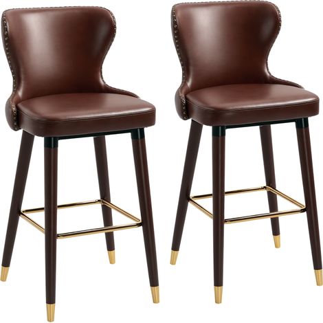 Bar Stools Set of 2, PU Leather Barstools with Back, Footrest and Wood Legs for Kitchen, Counter, Breakfast Bar, Brown (1/5)
