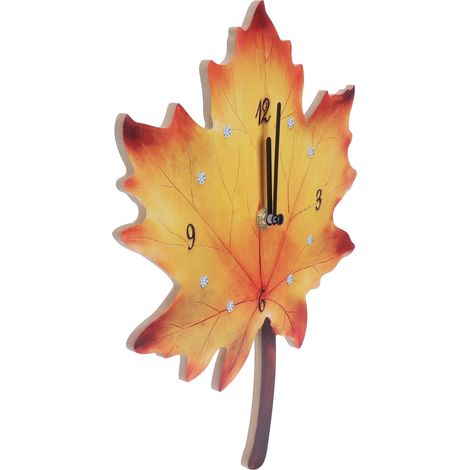 Horloge murale feuille d'érable déco salon salle à manger, silencieuse, naturelle, design bois, horloge végétale murale (1/5)