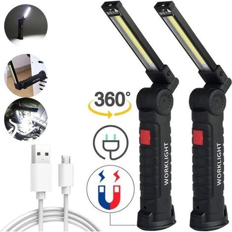 Lampe de travail LED COB grand format, à intensité variable, rechargeable par USB, lampe d'inspection avec crochet magnétique, batterie externe, compatible avec batterie 18650 - Lot de 2, noir (1/5)