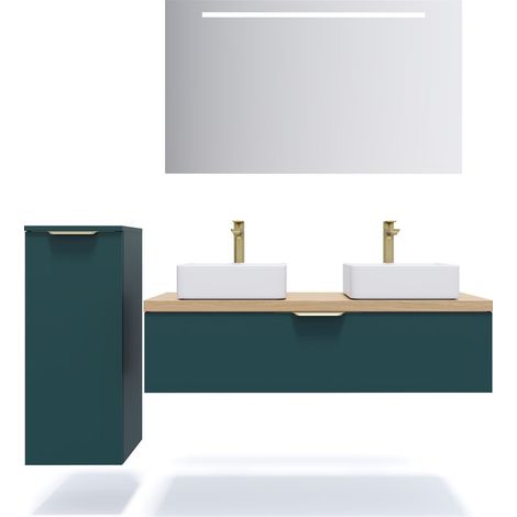 Meuble de salle de bain suspendu 2 vasques à poser 120cm 1 tiroir Bleu + miroir + colonne ouverture gauche - Venice (1/5)