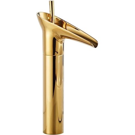 Grifo de baño, grifo tipo cascada, grifo monomando vintage para lavabo, agua fría y caliente, latón, dorado (altura: 31 cm) (1/5)