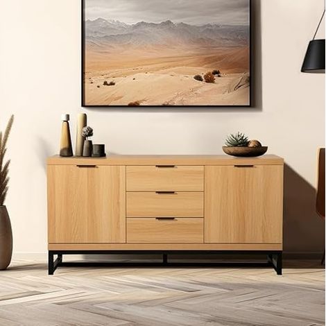 Hallowood Furniture Newquay Large Sideboard with Black Metal Base, 150cm Sideboard Cabinet with 3 Drawers and 2 Compartments with Shelf, Ideal Dining Room, Bedroom or Living Room Furniture (1/5)