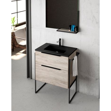 Mueble de Baño Al Suelo con Lavabo Cerámico Negro 2 cajones con Cierre Amortiguado y Organizador 70 cm Pino Gris Tirador Negro (1/5)