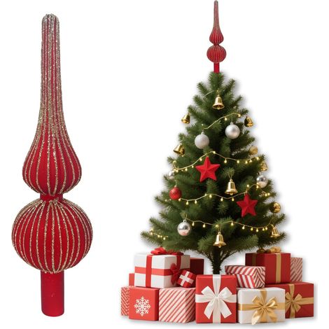 Cime De Etoile Sapin De Noel en Verre, Cime De Sapin De Noël avec Poudre Scintillante,7 X 26 Cm Decoration Christmas Tree Top étoile Rose pour Décoration De Noël (Red) (1/5)