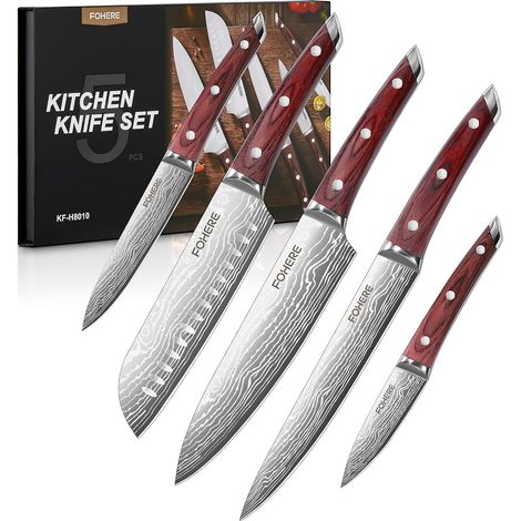 Couteau Cuisine - Set Couteau de Cuisine Japonais Tranchants 5 Pièces - Ensembles de couteaux de cuisine Professionnel en Acier Inoxydable - Manche en Bois - Couteau de Chef (1/5)