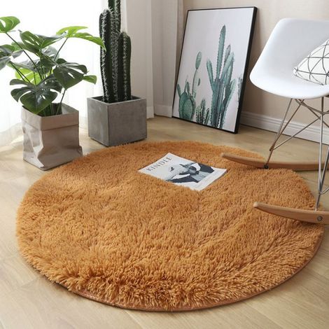 Tapis rond poils longs 120x120cm, shaggy confortable antidérapage, jaune d'or (1/4)