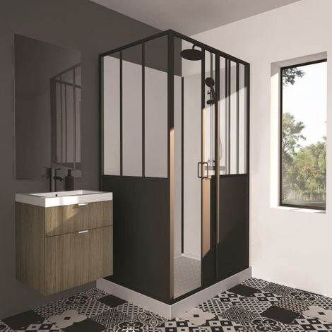 Cabine de douche rectangulaire 90x120x220 – Porte coulissante – Verre transparent – Style industriel noir