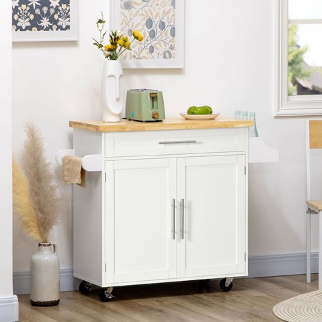 Desserte de cuisine, buffet avec étagère à épices et porte-serviettes, finition MDF grain de bois, 109x40x89 cm, blanc (1/5)