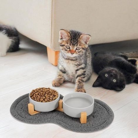 2x400ML Gamelles pour Chat en Céramique avec Support et Tapis Antidérapant, Bol en Céramique Anti Vomissement et Facile à Nettoyer, (1/4)