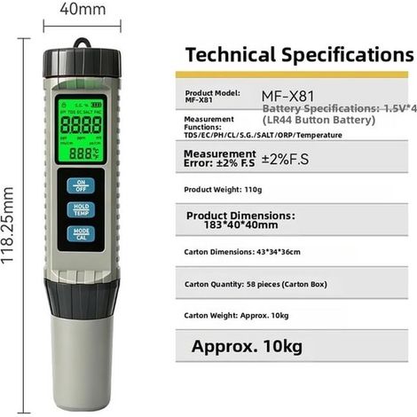 Medidor de calidad del agua, analizador digital de pH, ORP y salinidad con retroiluminación LCD para agua potable, acuarios e hidroponía. (1/4)