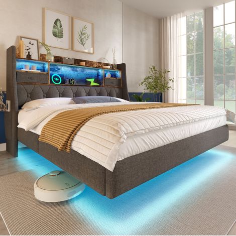 Cama tapizada 160x200 cm gris de lino con LED, cabecero con USB y almacenaje (1/5)